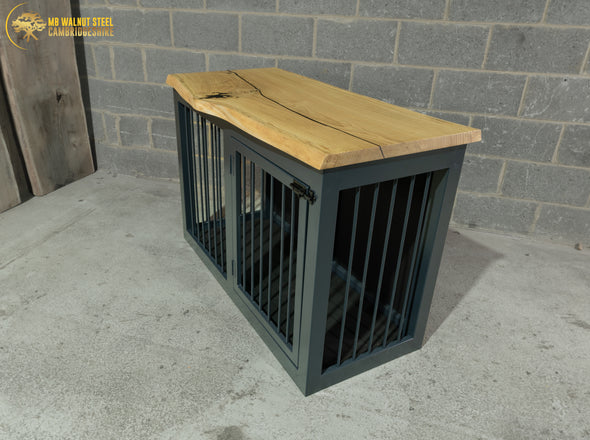 Anthracite Grey Single Dog Kennel With Live Edge Oak Top