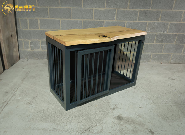 Anthracite Grey Single Dog Kennel With Live Edge Oak Top